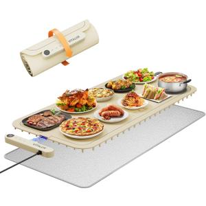 Warming Mat for Food, (XXL 35x16) Electric Warming Trays, Upgrade Graphene Fast Full-Surface Heating Mat for Food with 6 Level Temp, 6 Hours Timer, Food Warmer Pad with Heat-Insulating Mat (Beige)