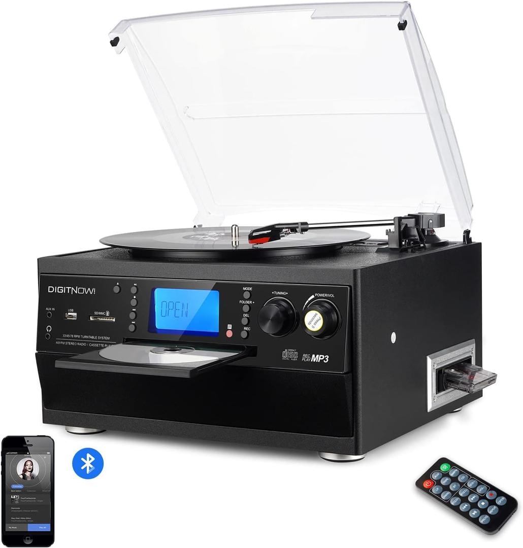 DIGITNOW 9-in-1 Record Player with Stereo Speaker, 3-Speed Turntable for Vinyl, CD/Cassette Player, Bluetooth, USB/SD Playback, AM/FM Radio, Aux-in, Remote Control (Black)