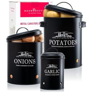 Noonberry Potato and Onion Storage Bin Set – 3-Piece Ventilated Potato Storage Bin, Onion Storage Container and Garlic Container – Matte Black Finish
