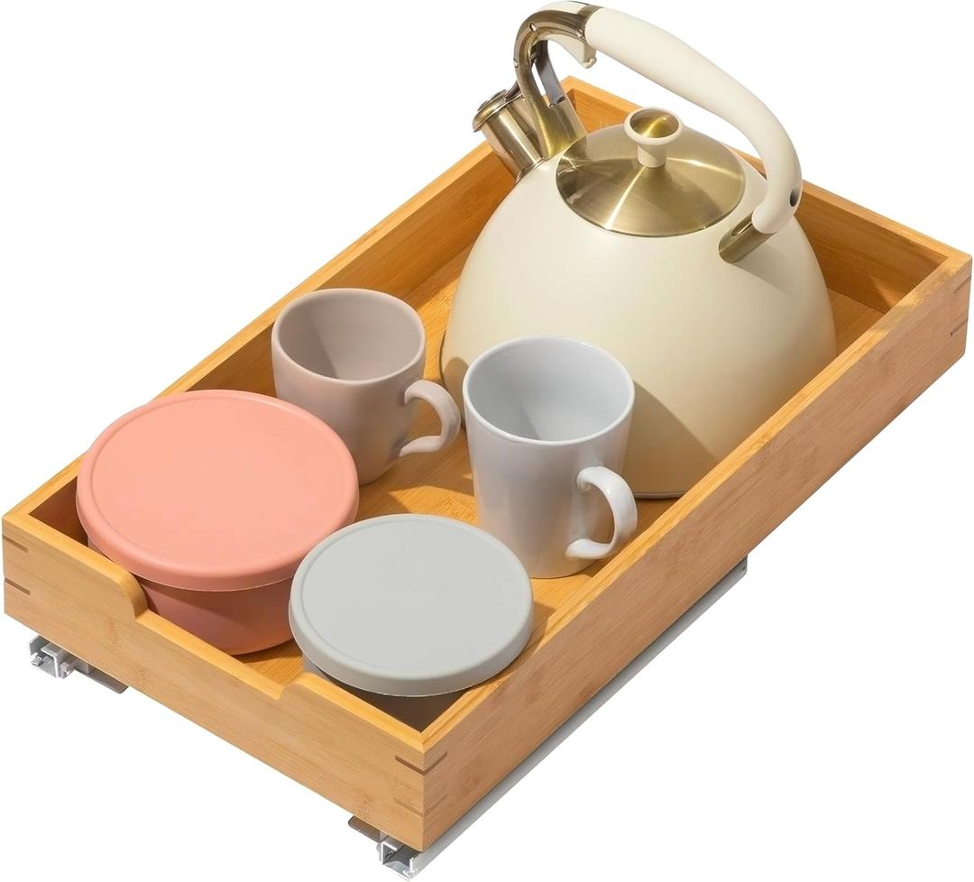 HOLDN STORAGE Bamboo Wooden Pull out Cabinet Organizer 11"W x 21"D Requires At Least a 12.25"W x 21"D Cabinet Opening, Bamboo Tray and Heavy Gauge Metal Rails