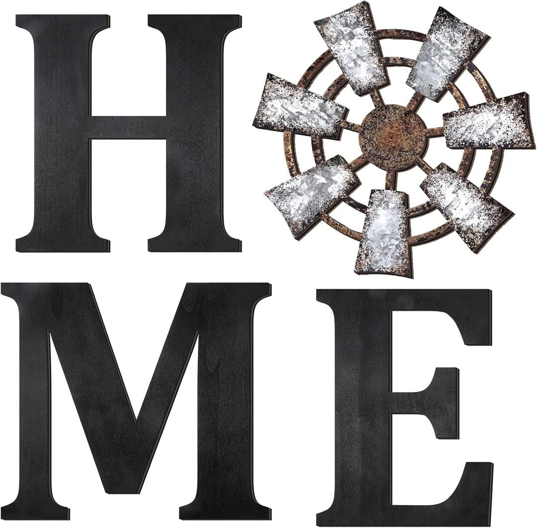 Qunclay 4 Pcs Windmill Wall Decor Wooden Home Letters Decoration Rustic Farmhouse Home Hanging Wood Sign Farmhouse Wall Decor for Living Room Kitchen Bedroom Porch(Black)