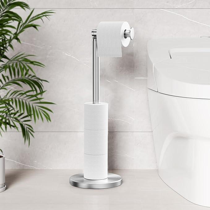 Cesun Toilet Paper Holder Stand Free Standing, Sliver Toilet Paper Storage with Heavy Weighted Base, Bathroom Stainless Steel Toilet Paper Roll Holder, Non-Slip, Sliver