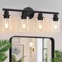 4-Light Bathroom Light Fixtures, Matte Black Modern Vanity Lights Over Mirror with Clear Glass Shade, Bathroom Wall Lamp for Mirror Kitchen Living Room Hallway Cabinet Porch Bedroom Reading room