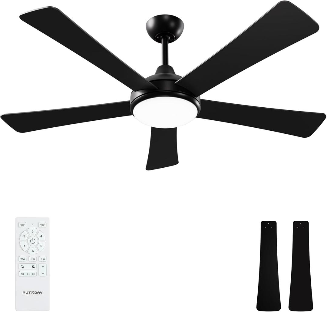 52 Inch Ceiling Fans with Lights and Remote - Black Ceiling Fan with Light, Quiet Reversible DC Motor, Dimmable Tri-Color LED, 5 Blades, Modern Indoor/Outdoor Ceiling Fans for Patios Bedroom