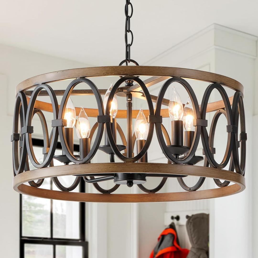 Farmhouse Antique Chandelier for Dining Room Kitchen Island 6-Light Drum Pendant Chandeliers Black and Brown Metal Round Hanging Lighting Fixtures Vintage Rustic Handmade Chandelier W19.7