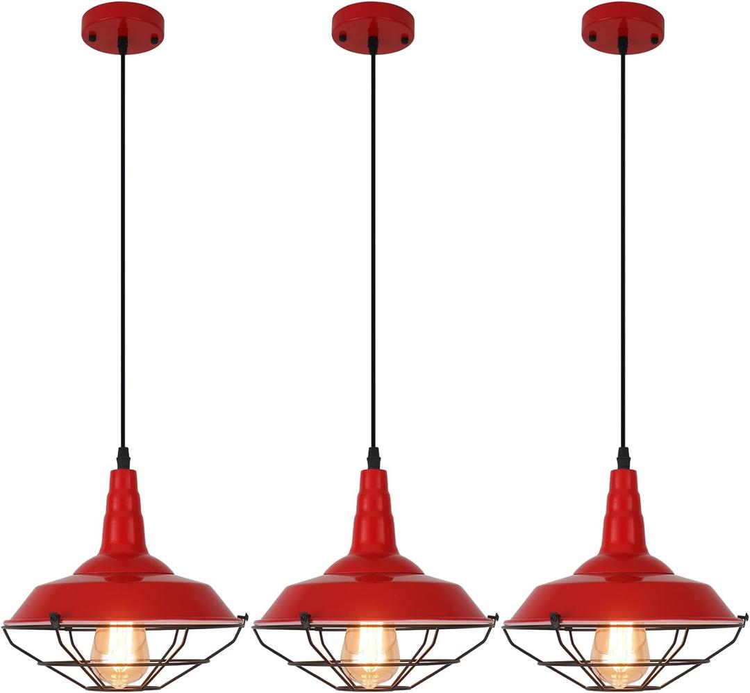 Farmhouse Red Pendant Light, 3 Packs 10.5 inch, Modern Pendant Lighting, Kitchen Pendant Lights, Industrial Pendant Light, Pendant Lights Kitchen Island for Bedroom, Living Room, Bar