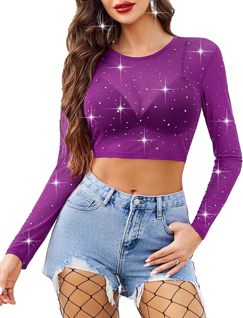 Avidlove Mesh Top Women Rhinestone Sparkly Long Sleeve Sheer Crop Top See Through Shirt Glitter Going Out Tops (Medium, Purple)
