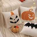 Tosleo Halloween Throw Pillow Covers 18x18 Set of 2 Beige Smiley Face Pumpkin Embroidery Pillow Cases Thanksgiving Home Party Fall Decor Bat Pillowcases Cushion Covers for Sofa Bed Couch