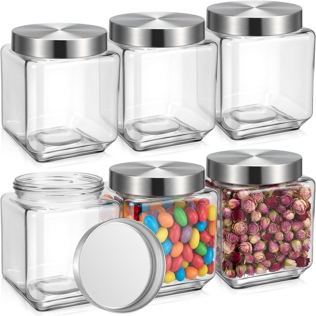 LemonRoad 6 Pack 34 oz Glass Jars with Lids Wide Quart Mason Jars Square Kitchen Canisters Thickened Glass with Airtight Stainless Steel Lids for Pickling Jam Tea Coffee Sugar Food Storage