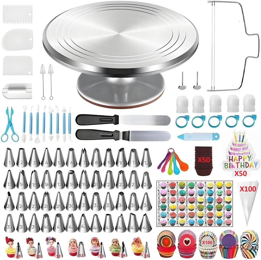 ANSLYQA 393 Pcs Cake Decorating Kit, with Aluminium Alloy Cake Turntable,48 Numbered Icing Tips,7 Numbered Korean Skirt Piping Tips,2 Spatulas,3 Comb Scrapers,100 Pastry Bags,150 Paper Cupcake Liners