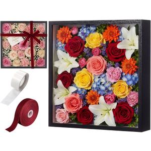 12"x12" Wedding Shadow Box Frame Display Case Kit, DIY Black Valentine's Day Gift Box with Lid Deep Glass Case with Red Velvet Ribbon for Gift Wrapping Craft Keepsake Memory Flower Photo