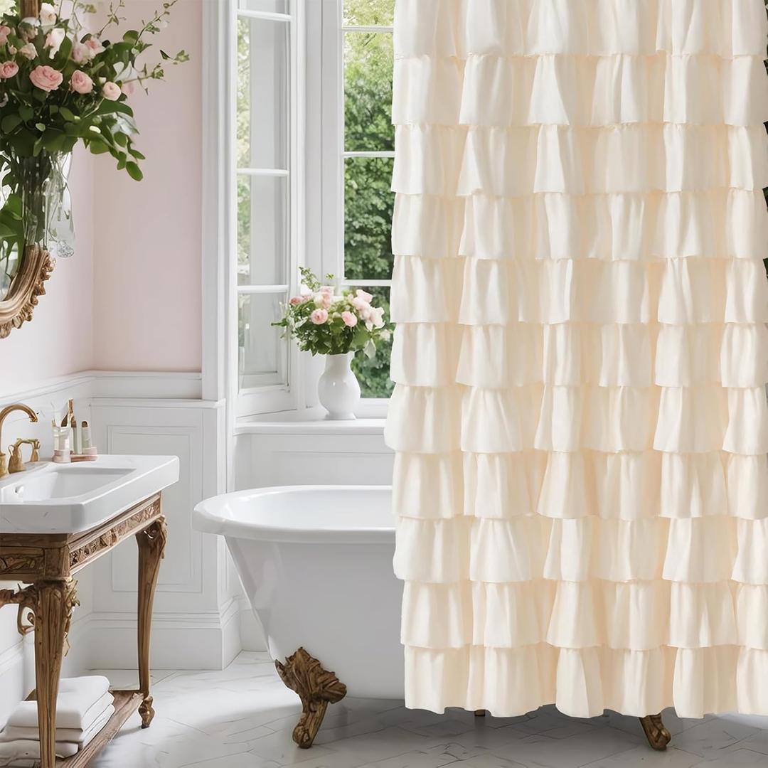 Beige Ruffle Shower Curtain - Farmhouse Ruffled Design, Cream Boho Bathroom Curtain with Elegant Layered Ruffles, Rustic Shabby Chic Style, Fabric Decorative Drapes 72x84, Extra Long