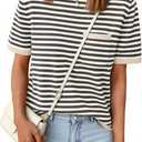 Aprolive Short Sleeve Sweater for Women Striped Knit Pullover Top with Chest Pocket Loose Fit T Shirt for Summer Business Casual Work(1-Apricot Grey, Medium)