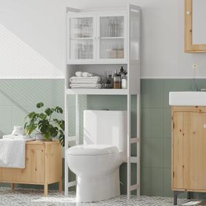 Over The Toilet Storage Cabinet, 3-Tier Freestanding Bamboo Bathroom Organizer with Shelves and Acrylic Door, Space-Saving, White