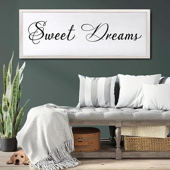 Sweet Dreams Wall Decor Above Bed   Decor, 32''12'' Framed Wood Farmhouse Kitchen Sign, Large Horizontal Dining Room Wall Art for Home Family, Black