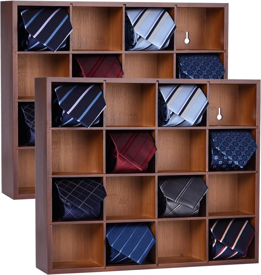 Tie Organizer Wall Mounted Tie Rack,Tie Box for Men,Tie Box Organizer with 16 CompartmentsTie Display Racks for Bedroom, Changing Room, Men Wardrobe(Brown,2 PCS)