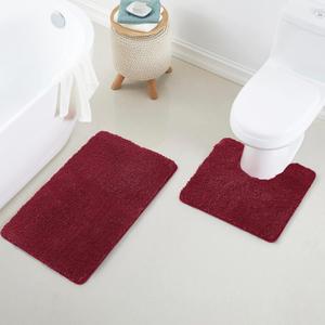 Bathroom Rug Set 2Piece, Thick &Soft Microfiber Shaggy, U Shaped Contour, Machine Washable Bath Mats, Absorbent Bath Rugs, Non-slip Rubber Backing Bath Mat for Bathroom Floor, Tub and Shower, Burgundy, 2 Piece: 20" X 20" + 20" X 32"
