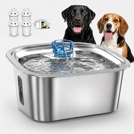 PETNF 2.4-Gallon Stainless Steel Dog Water Fountain for Large Dogs, Dog Water Bowl Dispenser with 4 Filters, Visible Water Window, Quiet Pump & LED Low-Water Indicator