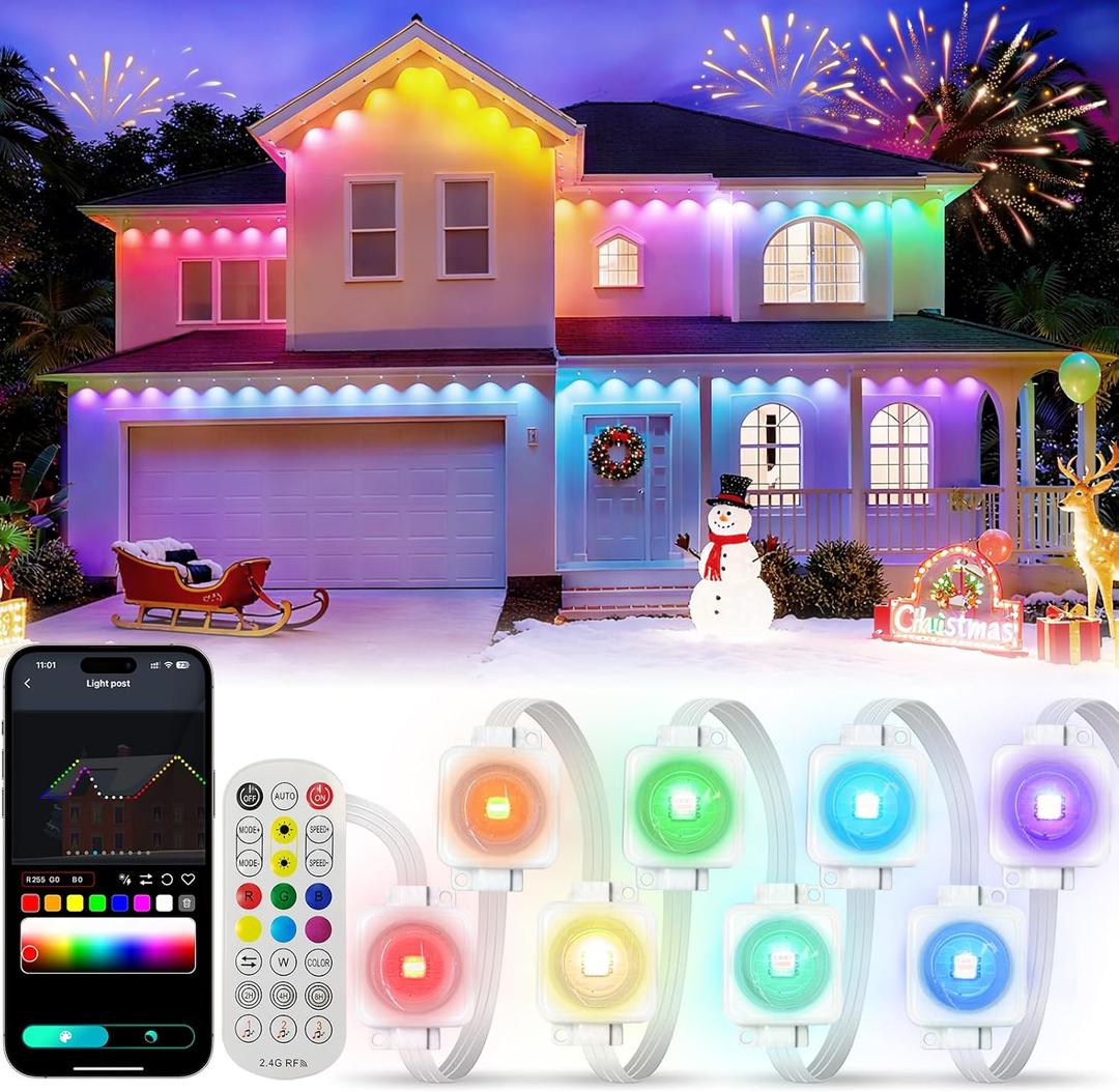 Permanent Outdoor Lights 33FT, Smart RGB-IC Eave Lights with Remote APP Control, DIY LED Color Individual, White & Colorful Christmas String Light, IP67 Waterproof for House Outside Decor