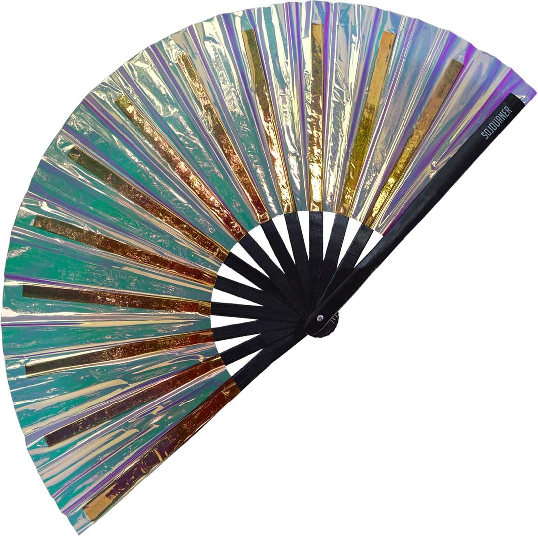 SoJourner Bags Rave Fan - Large Folding Fan - Clack Fan Hand Fan for Raves, Halloween, Burlesque, Rainbow Outfits for Women & Festival Accessories (Holographic Black)