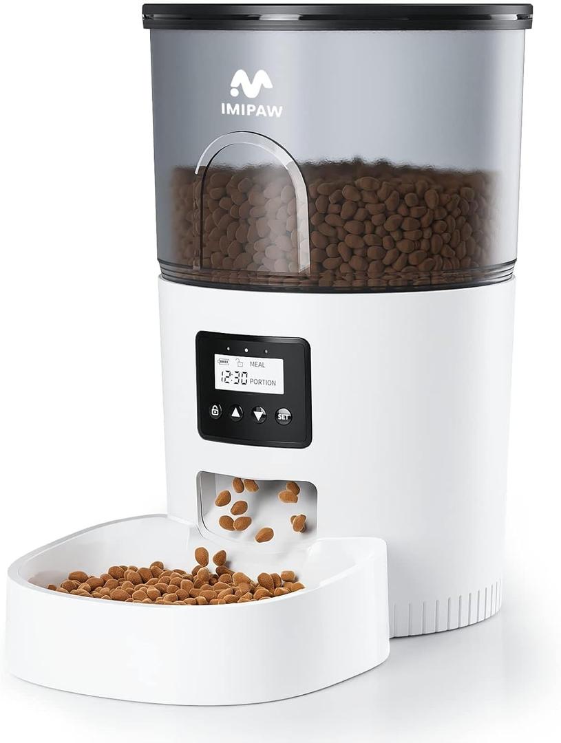 IMIPAW Automatic Cat Feeders, 3L Timed Cat Dry Food Dispenser with Desiccant Bags, Dual Power Supply, Programmable Portion Size, 6 Meals, 20 Portions Per Day, Auto Pet Feeder for Cats and Small Dogs (White)