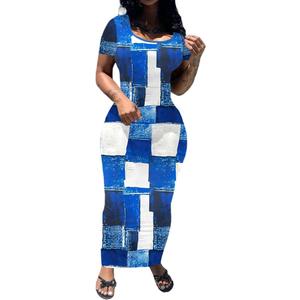 PINSV Women's Casual Bodycon Maxi Dress Summer Scoop Neck Short Sleeve Long Fitted Dresses Club Party Blue Checkered Print L