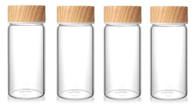 Nuogo 4 Pack Glass Bottles with Lids 12 oz Juicing Bottles Reusable Wide Mouth Glass cups Airtight Leak Proof Drinking Milk Water Tea cups for Storage (Wood)