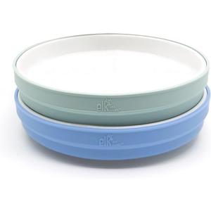 Elk and Friends Kids 7.8 Porcelain White Plates with Silicone Sleeves | Suitable for Babies/Toddlers | Microwave & Dishwasher Safe | Non Slip Dinnerware | Snack Dishes | 2 Pack (Sage/Misty Blue)