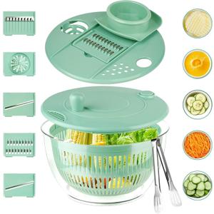 YUANYE Salad Spinner Large, 3 IN 1 Vegetable and Fruit Washing Bowl with Strainer, Lettuce Spinner with 5 Blades Slicer, Egg Yolk Strainer, Bowl for Efficient Salad Preparation, 5.3 QtGreen