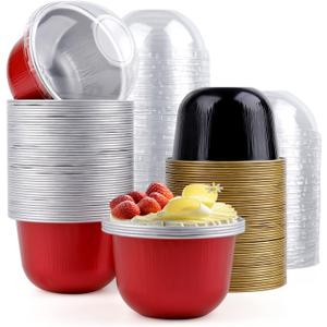 Hacaroa 100 Pcs Aluminum Foil Baking Cups with Dome Lids, 6 Oz Disposable Cupcake Liners Ramekins, Reusable Mini Muffin Case Dessert Containers for Wedding, Birthday, Party, 2 Colors