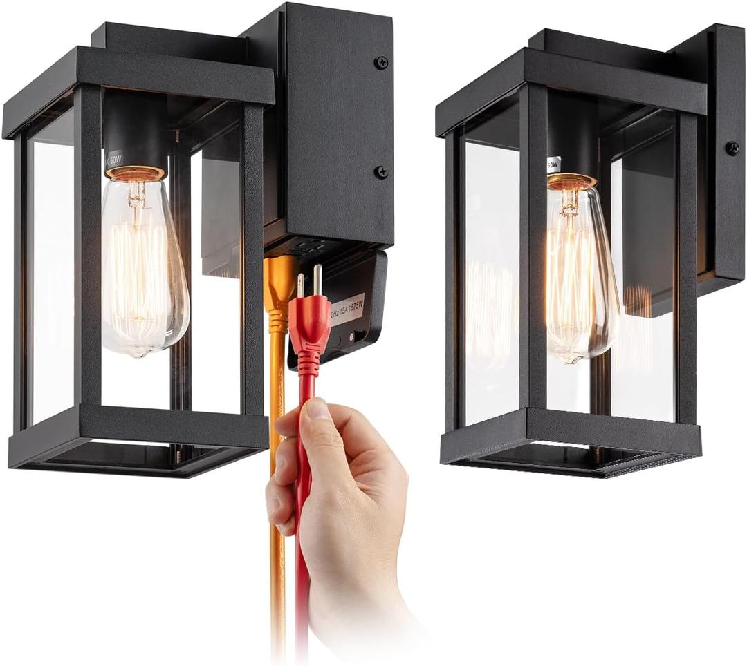 mirrea 11" Classic Outdoor Wall Sconce with Built-in GFCI Outlet 1 Light in Matte Black Rectangular Metal Frame and Clear Glass Shade Waterproof Porch Light Patio Light, Pack of 2