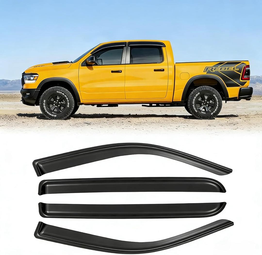Window Rain Guards for 2019-2025 Dodge Ram 1500 Crew Cab(New Body Style), Window Visor Vent Wind Shade Deflector Rain Shield Protector Sun Visor 2020 2021 2022 2023 2024, Tape-on/Outside-Mount, 4PCS
