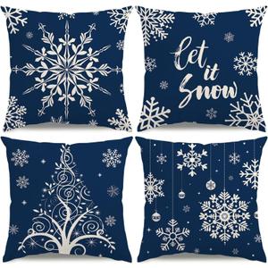 Christmas Pillow Covers 16x16 Blue Christmas Decorations Snowflake Throw Pillow Covers Xmas Trees Ornaments Winter Holiday Decor Cushion Case for Sofa Couch Set of 4