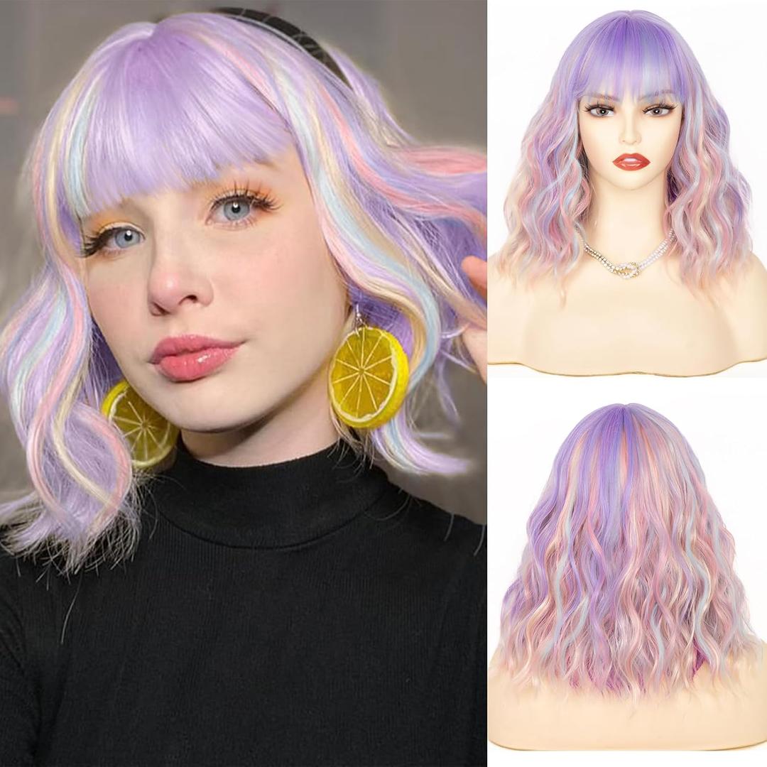 NAYOO Colorful Bob Wig with Bangs, 14 Inch Short Wig for Women, Shoulder Length Wavy Bob Wig with Bangs, Glueless Wig for Women, Girls' Halloween Wig Costume