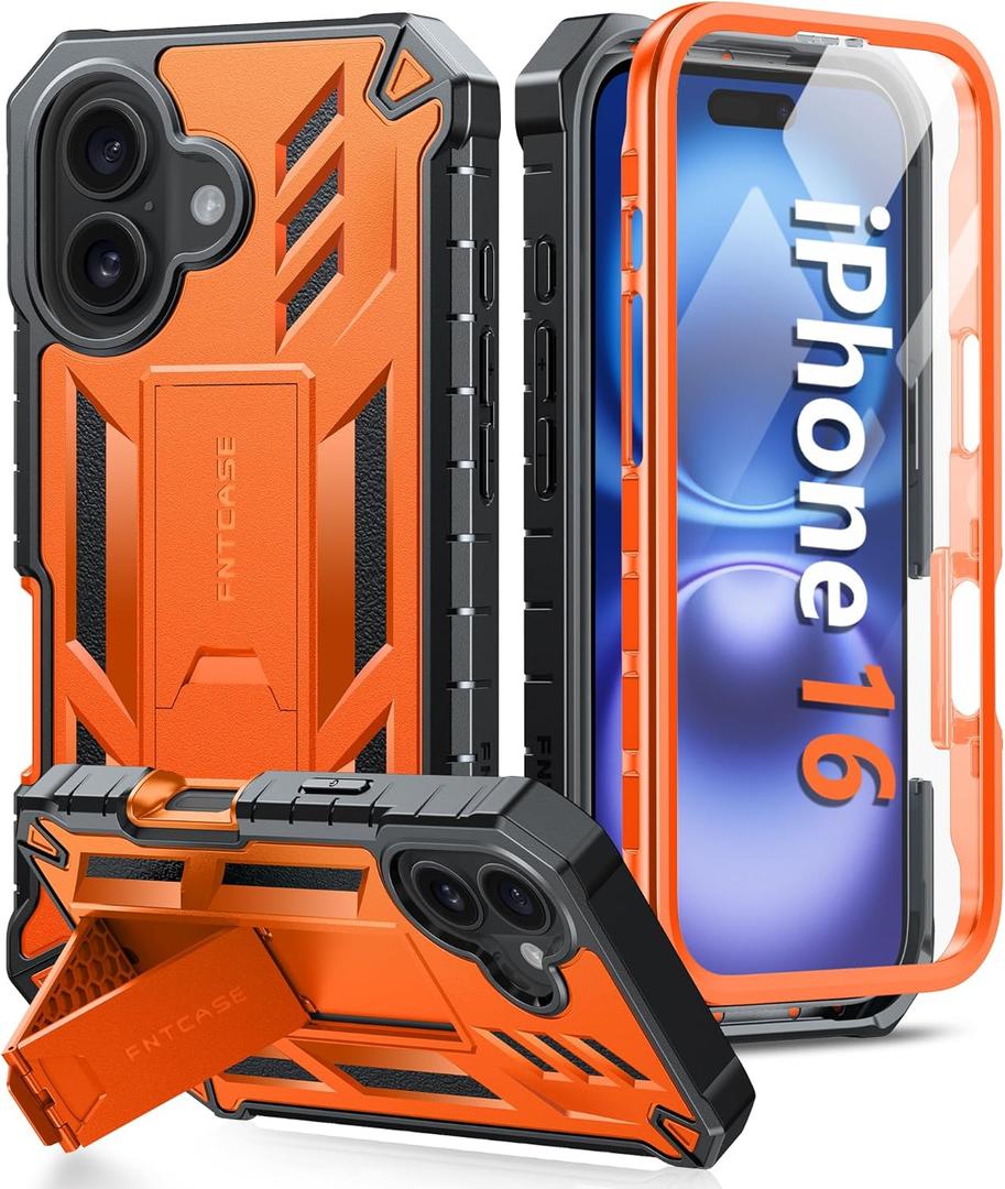FNTCASE for iPhone 16 Phone Case: Military Grade [Built-in Screen Protector] [Kickstand] Matte Textured Drop Proof Protection Cover | Rugged Shockproof TPU Protective Sturdy Cases - Orange