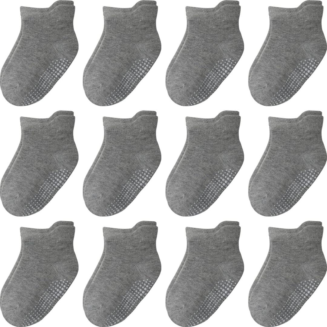 Aroveea Non Slip Grip Ankle Baby Socks 12 Pack for Toddler Boys and Girls Kids, Infant Cute Cotton Baby Socks (Gray)