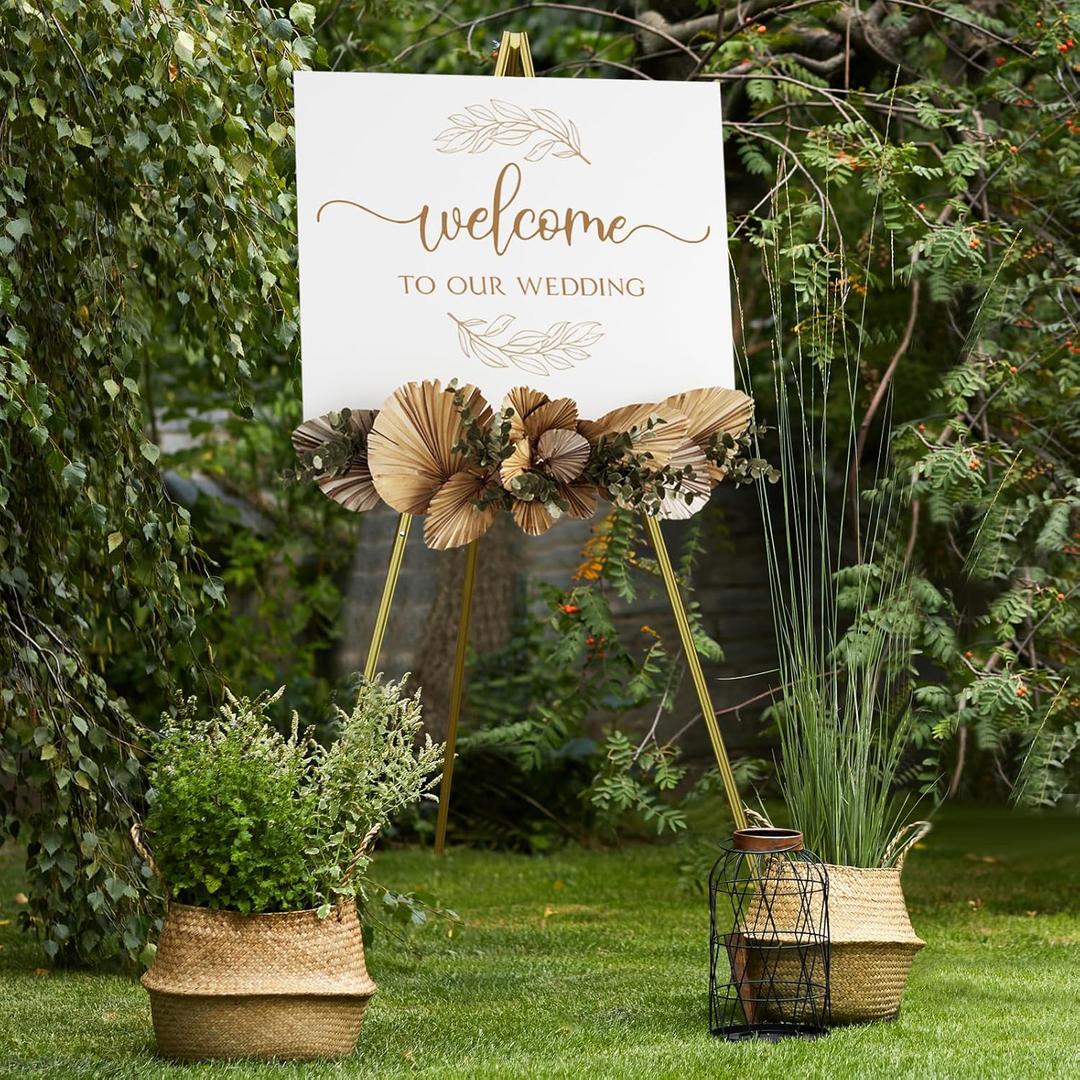 NianFeng Wooden Easel Stand for Sign, Easel Display Stand Floor for Wedding Sign with Adjustable Tray, 63-Inch, Tripod A-Frame Poster Light Duty, Welcome, Art Show & Baby Shower (Golden)