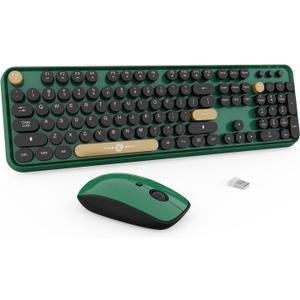 Wireless Keyboard and Mouse Combo, 104 Round Keys Cute Colorful Keyboard and Mouse with Retro Typewriter for PC/Mac/Laptop/Tablet/Computer/Windows Green