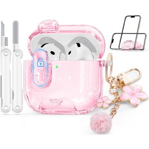Clear Case for AirPods 4 Case Cover with Safety Lock,Soft TPU Cover with Phone Stand & Cleaning Kit,Cute Bling Keychain for Women Girls-Glitter Pink