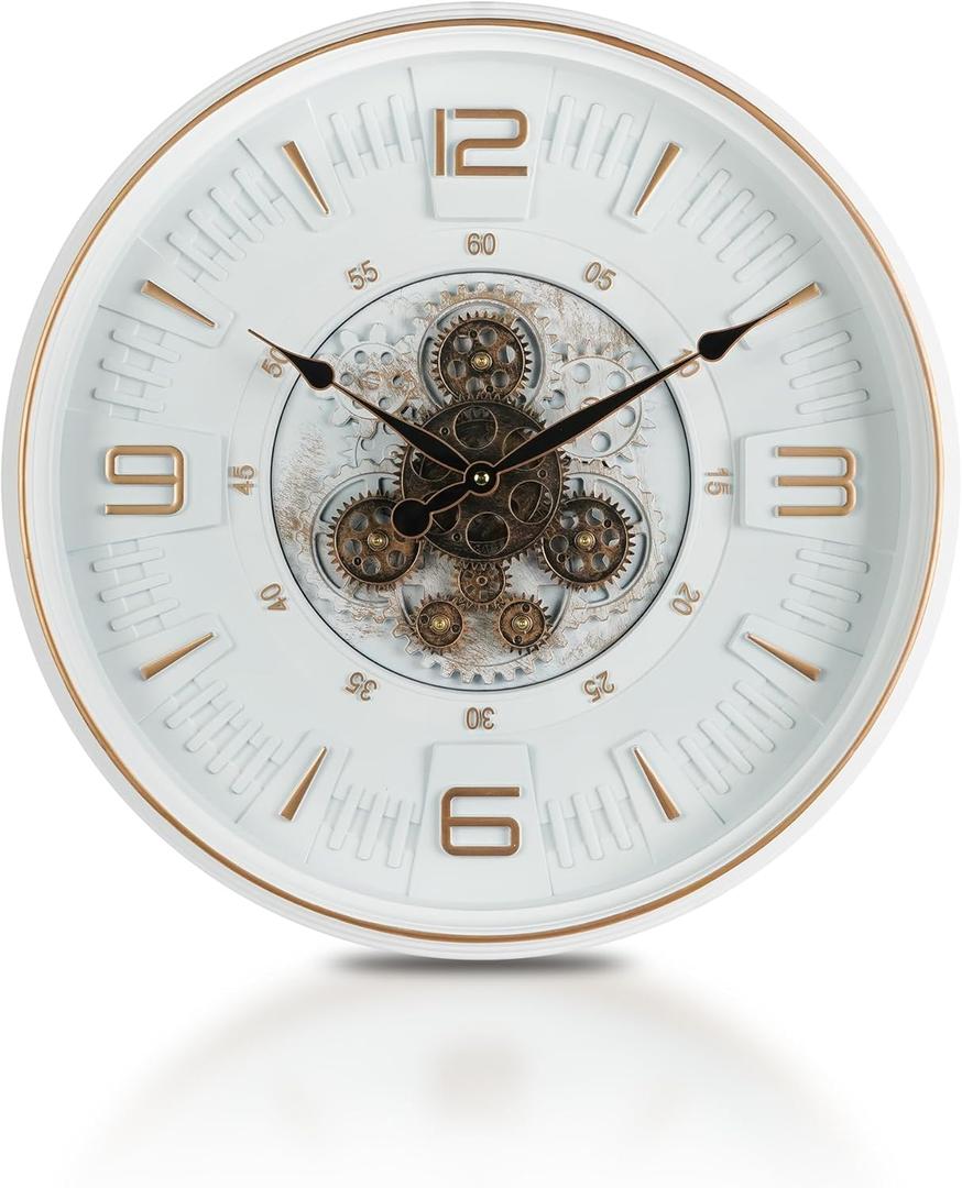 Vintage Large Wall Clock with Moving Gears, 20 Inches Industrial Retro Steampunk Decorative Wall Clock with Moving Cogs for Living Room Home Office Farmhouse Fireplace Decor (White Frame)