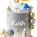 LaVenty Outer Space Cake Toppers Astronaut Rocket Stars Cake Decorations for Two The Moon First Trip Around the Sun Birthday Baby Shower (Golden 2)