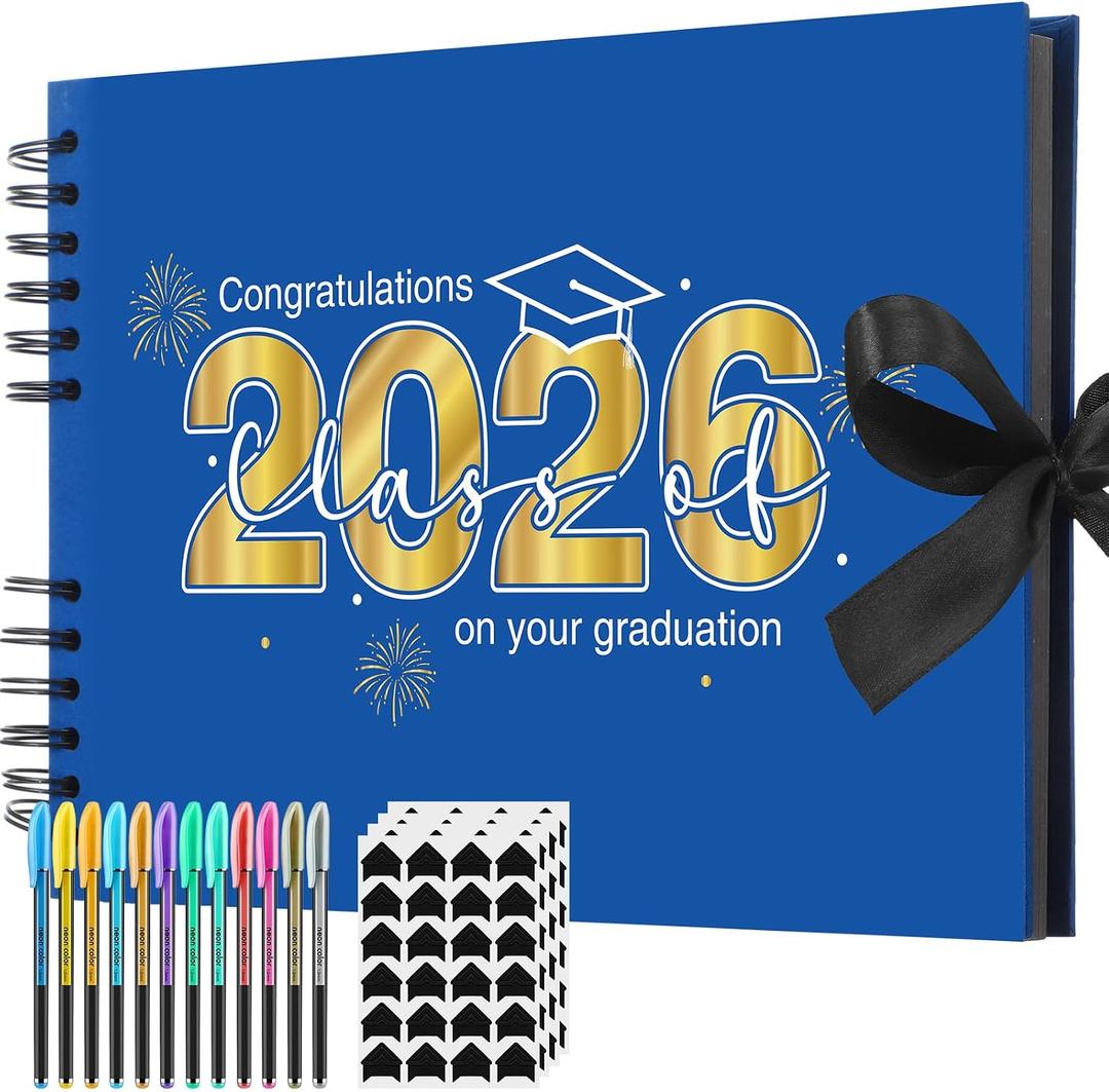 Dunzoom 80 Pages Graduation Scrapbook Kit 11 x 8 Inch Photo Album of 2026 Graduation Decoration with 12 Metal Pens and 4 Sheets Stickers for DIY School Congrats Grad Memory Book to Sign(Blue)