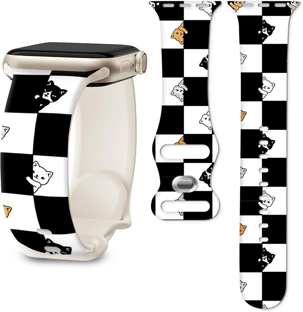 Band Compatible with iWatch Band 38/40/41mm for Women Men Sport Replacement Smartwatch Wrist Strap for iWatch Ultra2/1 SE Series 10 9 8 7 6 5 4 3 2 1 - Black White Checkered Cat