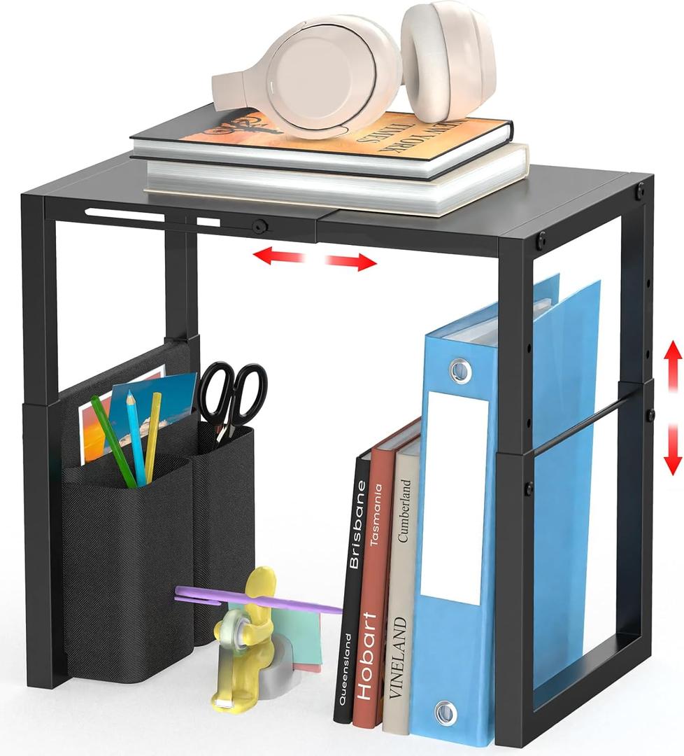 Locker Organizer Shelf, Metal Adjustable Width and Height, Ideal Locker for School, Office, and Gym Lockers, Extends Locker Storage Organization with Pockets, Black