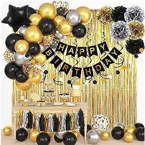 Black and Gold Birthday Party Decorations Kit for Men Women, Cheers Beer Confetti Black Gold Balloon Happy Birthday Banner Fringe Curtains Swirl Circle Dots Tassels Pom Graduation 30th 40th 50th Him