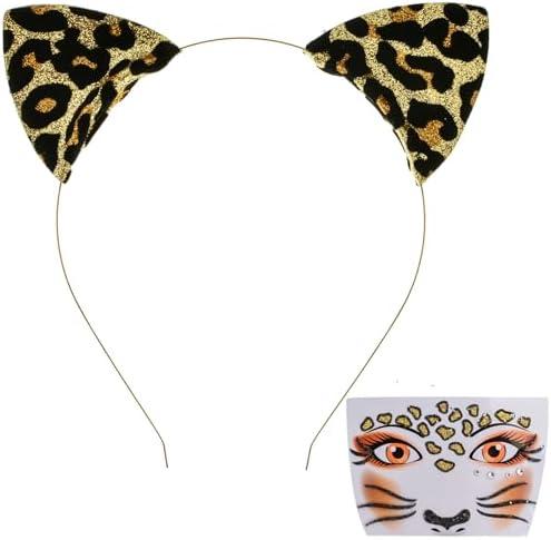 Pack Of 2 DDazzling Glitter Cheetah Print Ears Headband with Leopard Face Stickers for Halloween Animal Cosplay