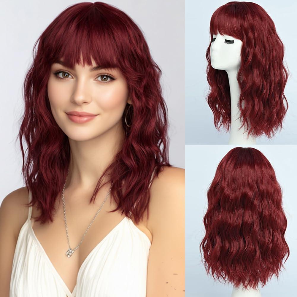 Long Burgundy Wigs with Bangs for Women Synthetic 16inch Wavy Medium Length Wine Red Wig with Fringe Water Wave Female Heat Resistant Hair for Daily Party Costume Cosplay Anime Use (16 inch)