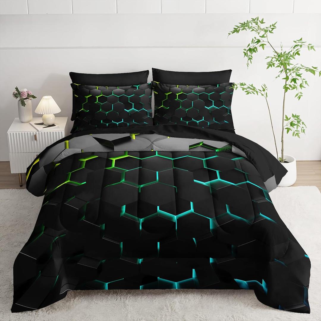 Geometric Green Black Neon Comforter Set 7 Piece in A Bag Light,Light Honeycomb 7PCS Bedding Set Queen for Teen Boys,Modern Bedding Quilt Set Geometry Decor Bed Sheet Set Microfiber Lightweight