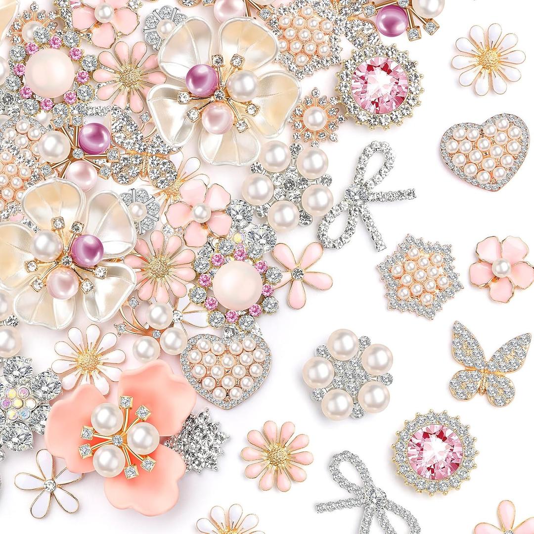 Giegxin 48 Pcs Rhinestone Buttons for Crafts Clothes Faux Pearl Embellishments Pink Butterfly Rhinestone Flower Buttons Vintage Women Pearl Brooch for Jewelry Making, DIY, Bags Shoes Supplies