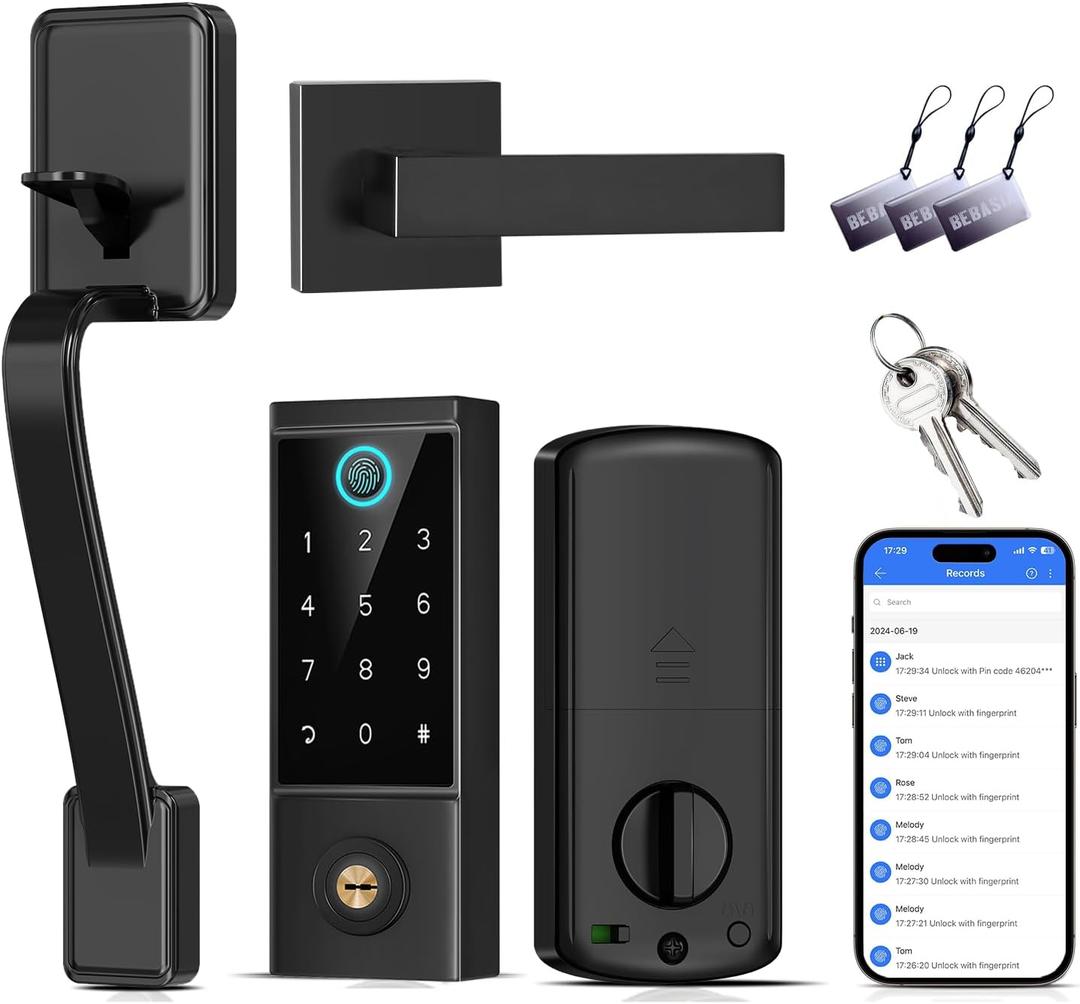 BEBASIA Heavy Duty Fingerprint Smart Door Lock for Front Door, APP Control Front Door Lock Sets, Auto Lock, Anti-Peeping Touchscreen Digital Keypad, Electronic Keyless Entry Deadbolt, Black